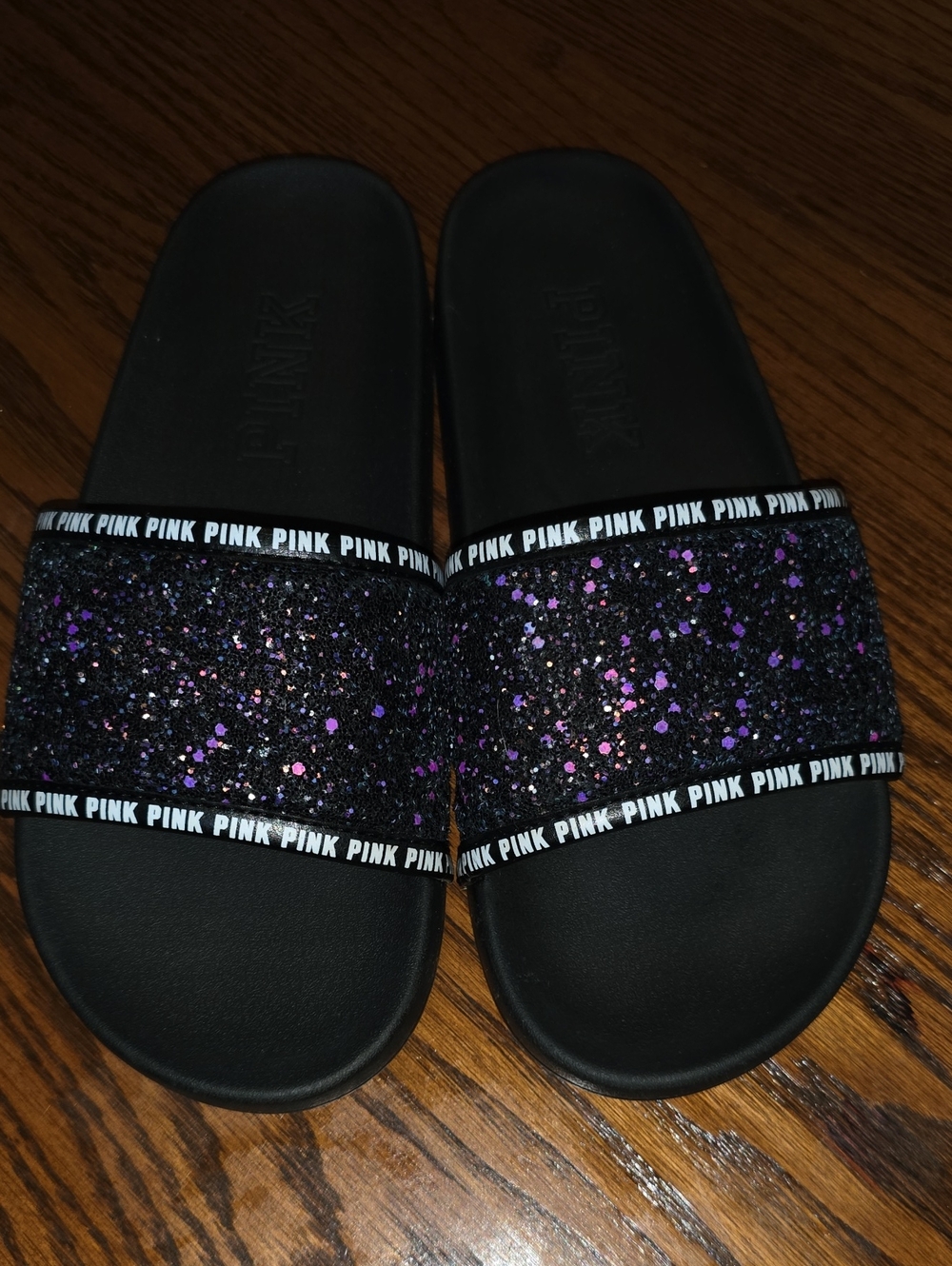 PINK Victoria's Secret Black Glitter Slide Sandals with Purple Sparkle